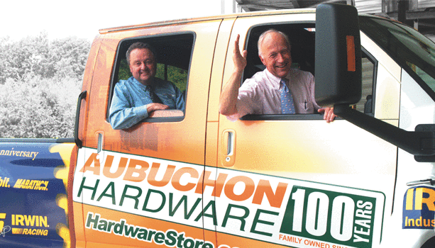 M. Marcus Moran Jr. (left) and William E. Aubuchon III driving the Company into the 21st Century. They are sitting in a truck that was leased to us by Irwin tools to help us celebrate our 100 year anniversary.